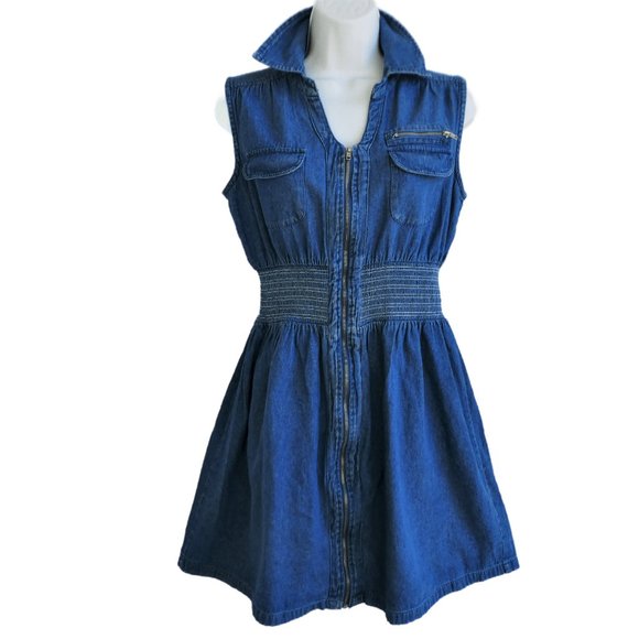 Vintage Denim Dress Full Zipper Smocked Waist Chest Flap Pockets Cotton India M - Picture 1 of 7